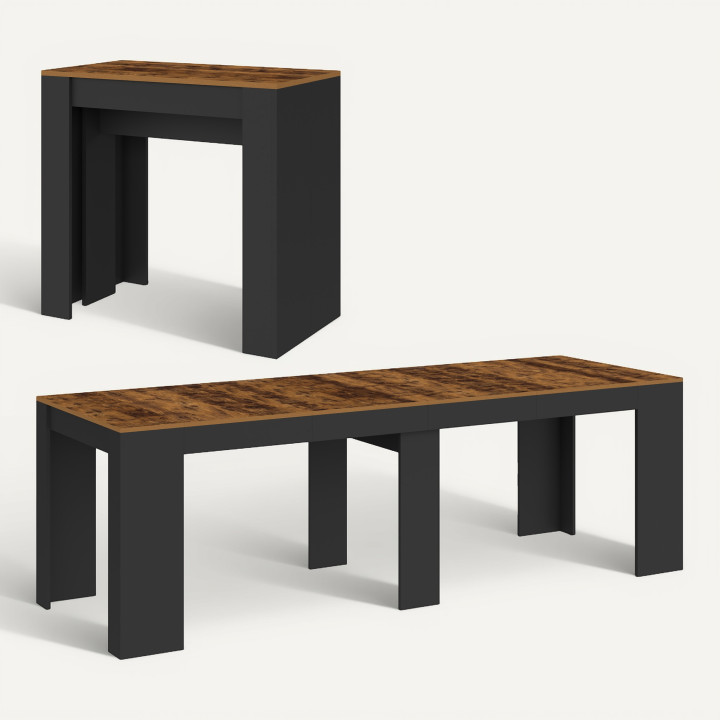 Uitschuifbare consoletafel 235 cm verouderd hout en zwart effect 10 personen - ORLANDO