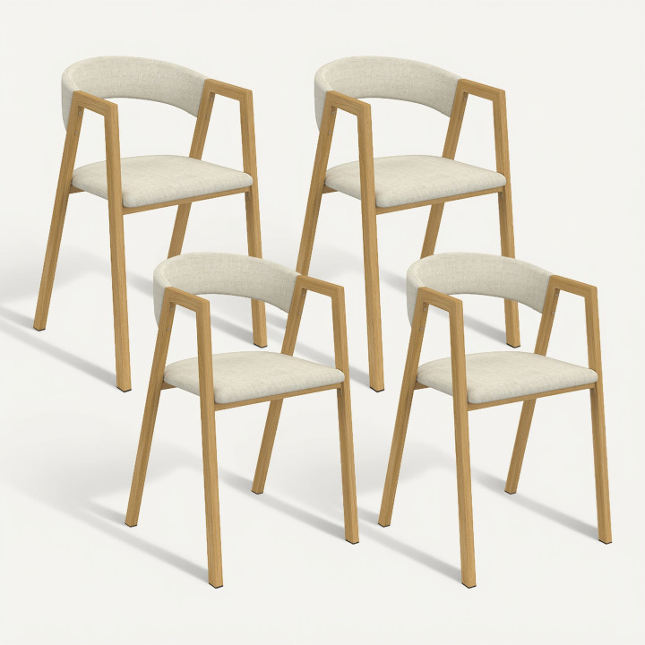 Lot de 4 chaises métal effet bois et tissu beige avec accoudoirs - CAMILLE