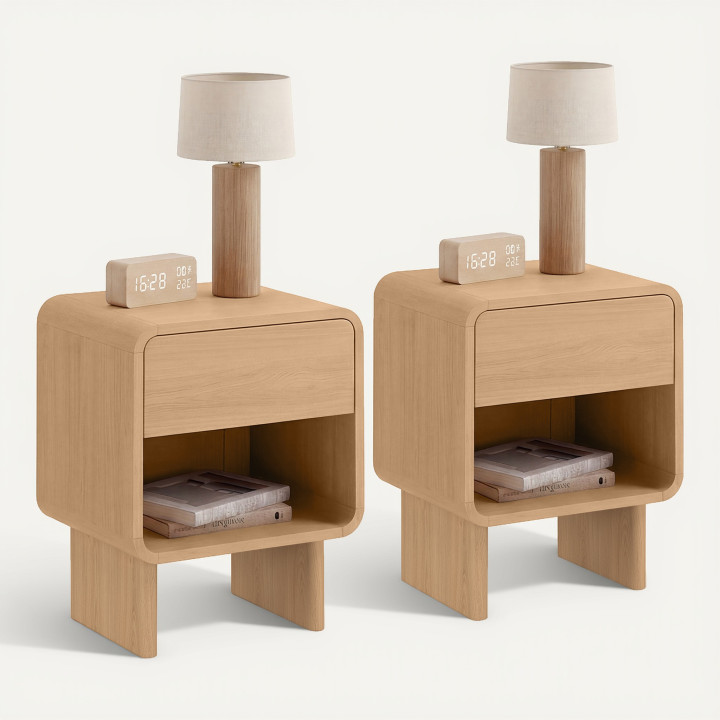 Lot de 2 tables de chevet CAPUCINE 1 tiroir et 1 niche façon hêtre design arrondi