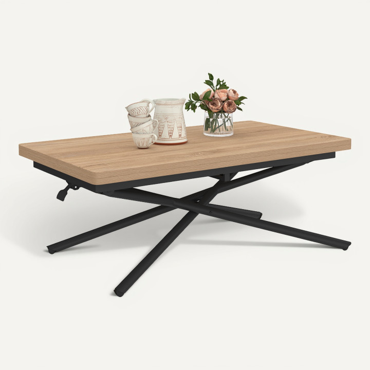 2-in-1 salontafel die kan worden omgevormd tot een rechthoekige eettafel ALIX 100 cm, hout en zwart