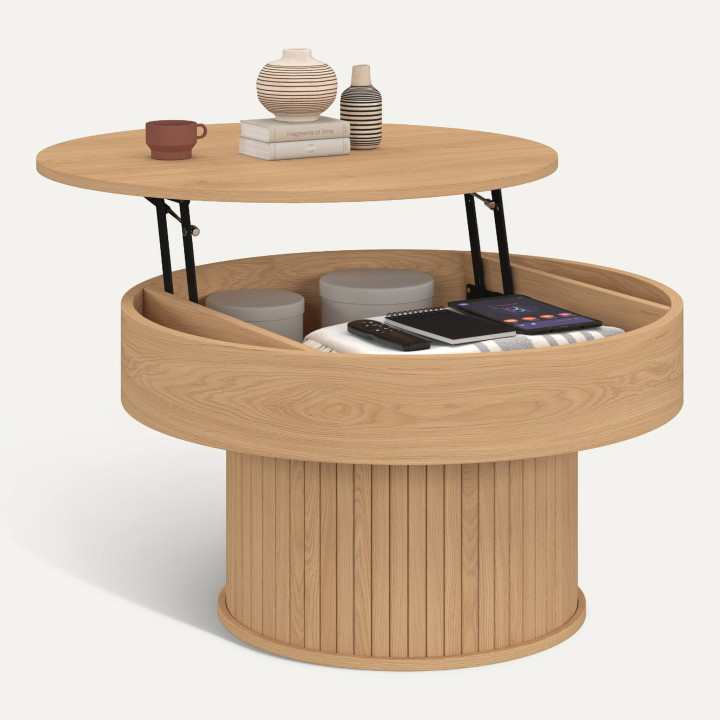 Table basse plateau relevable ronde JULIETTE 70 cm lattes tasseau bois coloris chêne