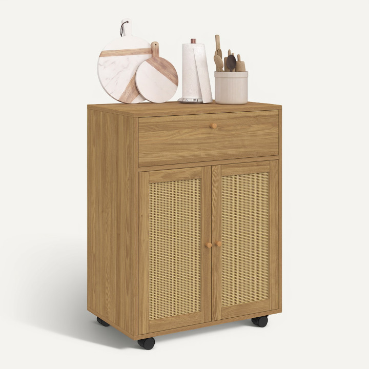 HANAE-keukenkastje met lade in houtlook en rieten kast, breedte 60 cm