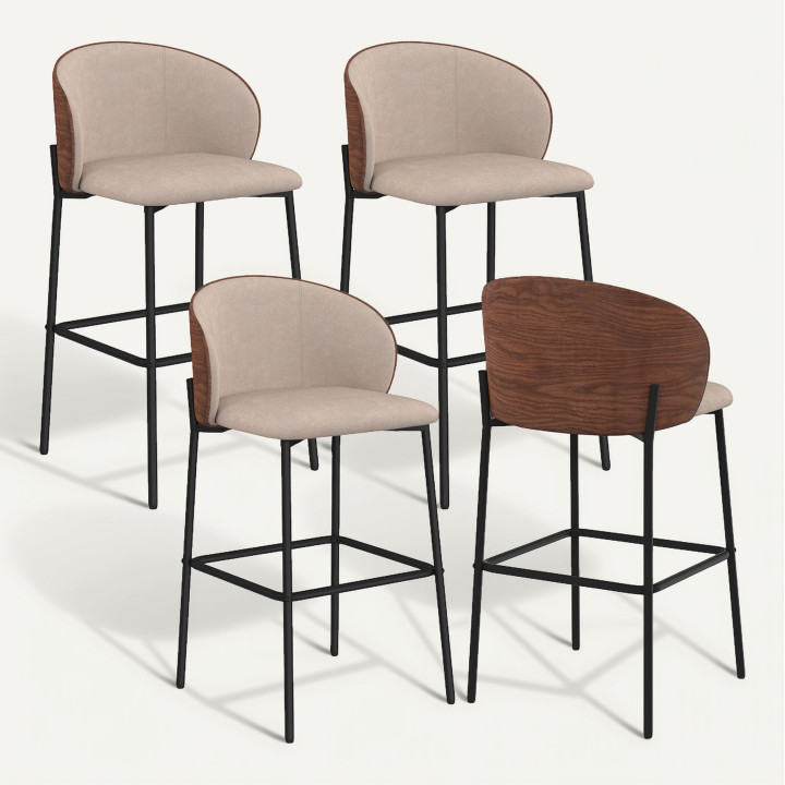 Lot de 4 tabourets de bar PENNY en tissu taupe, dossier effet noyer et pieds en métal noir