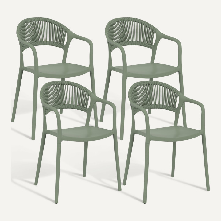 Set van 4 ODELIA stapelbare tuinstoelen van polypropyleen en groen koord