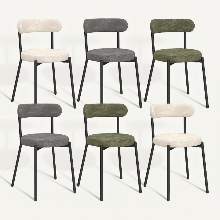 Set van 6 MIKI ronde stoelen in chenille stof mix kleur groen x2, ecru x2, lichtgrijs x2 metalen poten