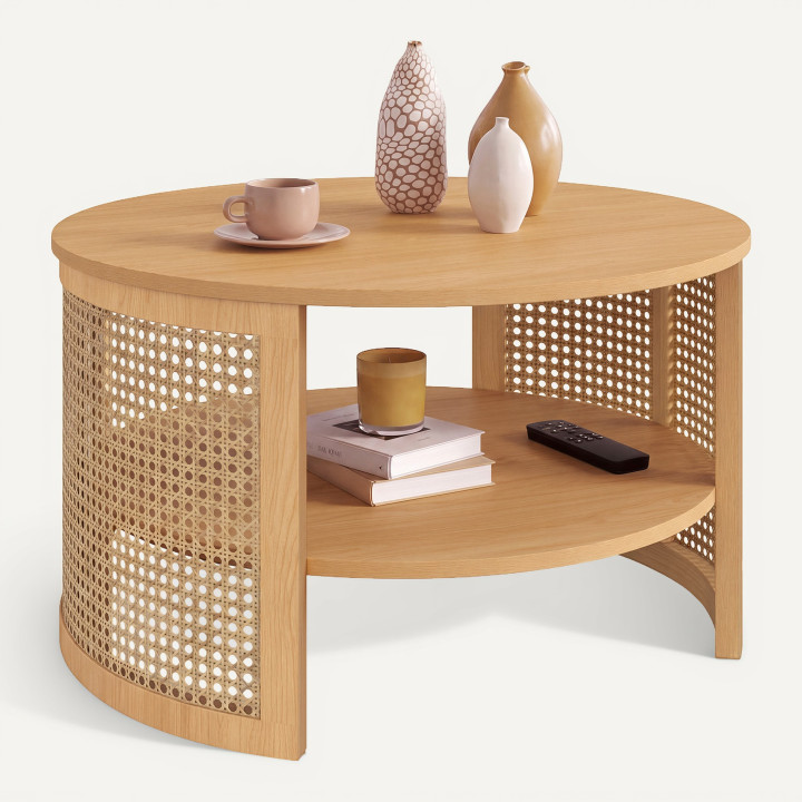 Mesa de centro redonda EDHEN de 70 cm con caña natural y efecto madera
