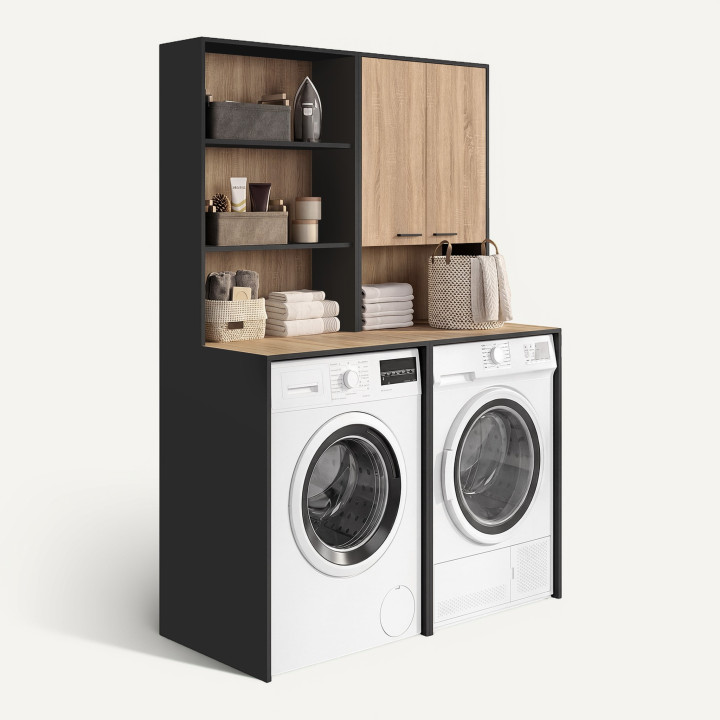 Meuble pour 2 machines à laver avec placard et étagères noir et bois façon hêtre - WALLIS
