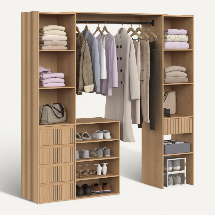 Dressing extensible double XXL JULIETTE 120/180 cm effet lattes tasseau bois avec tiroirs + étagères + penderie