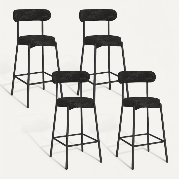 ot de 4 tabourets de bar dossier incurvé en tissu chenille noir pieds en métal noir - MIKI