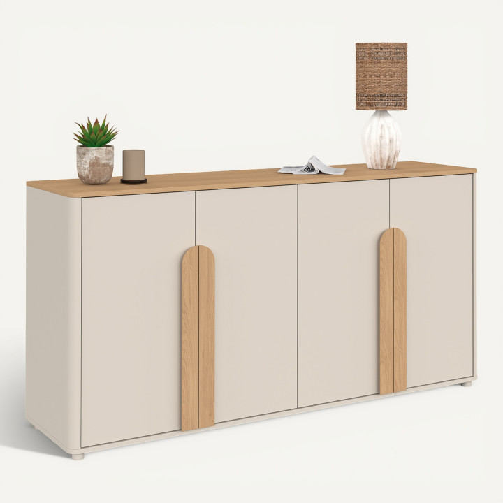 160 cm TIRANA Credenza a 4 ante con grandi maniglie beige e legno chiaro
