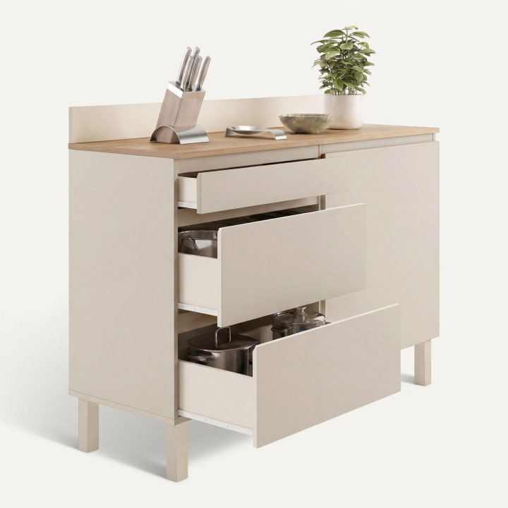Niedriger Küchenschrank mit Platz für Töpfe und Pfannen, 120 cm, CLAUDE, Arbeitsplatte in Holzoptik, H. 83 cm, 1 Tür + 3 Schubla
