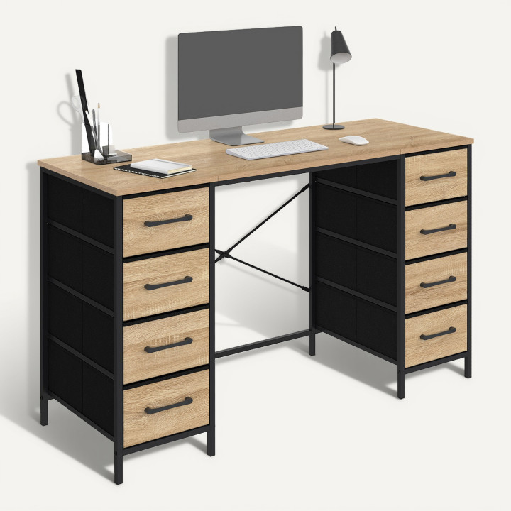 Bureau met 8 stoffen lades, 120 x 45 cm, UTAH, hout en zwart, industrieel design