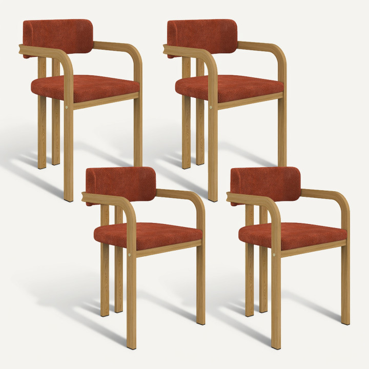 Lot de 4 chaises de salle à manger, fauteuils de table ESMA en métal effet bois et tissu chenille terracotta avec accoudoirs