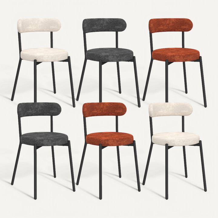 Set van 6 MIKI ronde stoelen in chenille stof mix kleur terracotta x2, ecru x2, donkergrijs x2 metalen poten