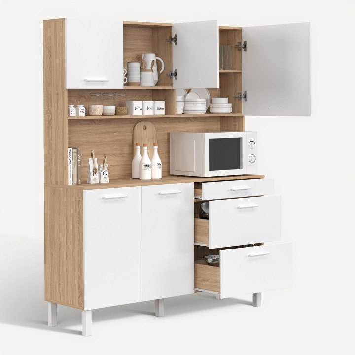 Buffet casserolier de cuisine 140 cm 5 portes + 3 tiroirs façon hêtre et blanc - CINA