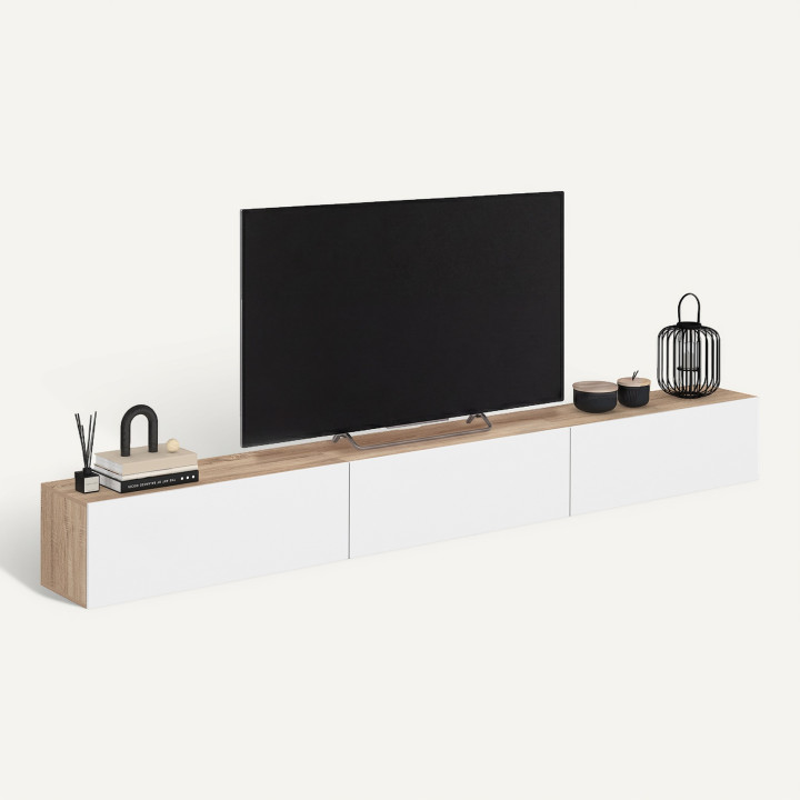 Meuble TV 270 cm suspendu 3 portes bois et blanc - ELIO