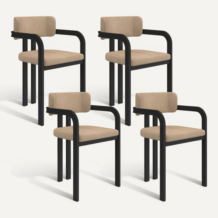 Set di 4 sedie da pranzo e poltrone da tavolo ESMA in metallo nero e velluto taupe con braccioli