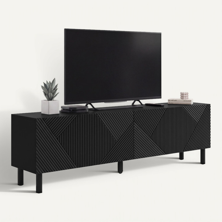 HIMARA 180 cm TV-meubel, 2 deuren, geometrische latten van zwart hout