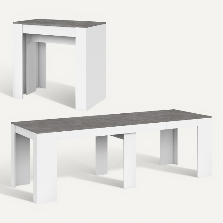 Uitschuifbare consoletafel voor 10 personen, wit hout en betoneffect - ORLANDO