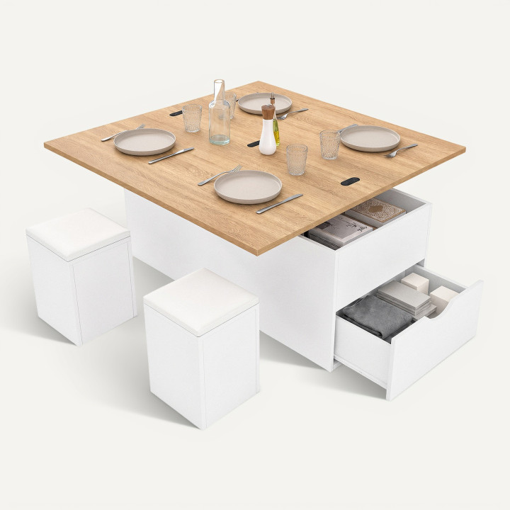 Table basse plateau relevable convertible en table à manger ELEA 100 cm avec 2 poufs et tiroir bois blanc et façon hêtre