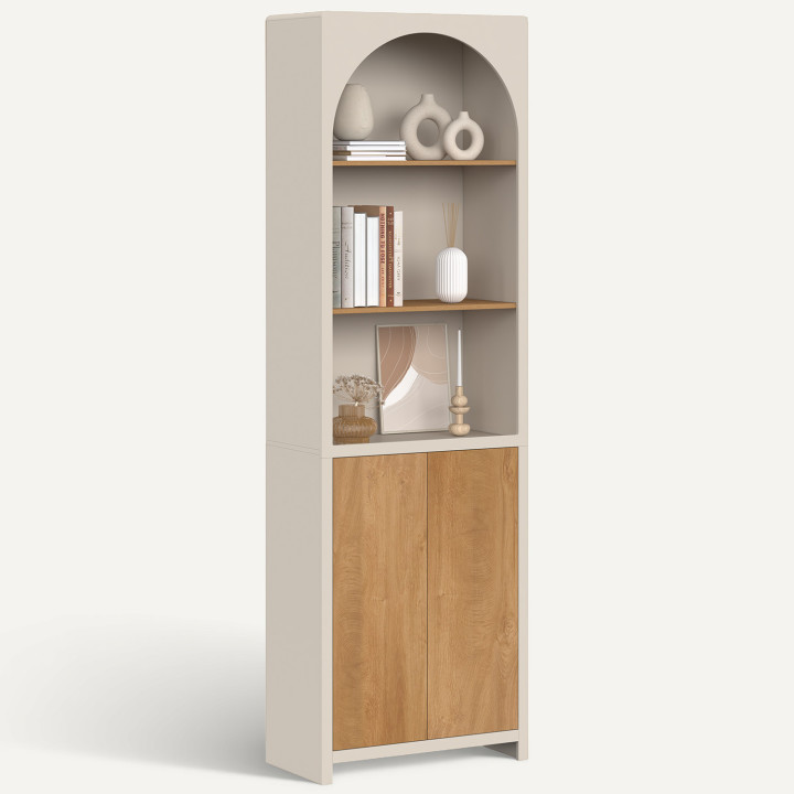 Scaffale-libreria ATHENA a 3 ripiani con armadio dal design organico, colore beige e effetto legno, 190 cm