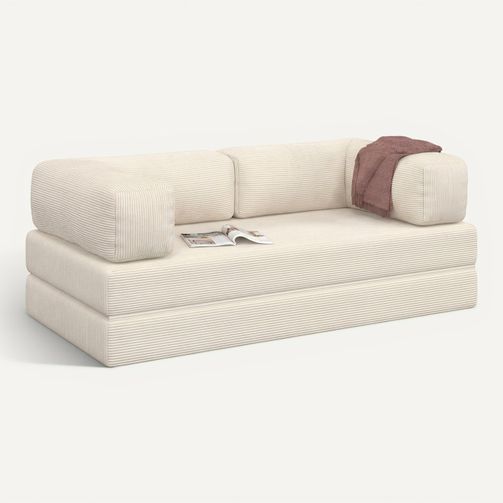 Sofá recto de 3 plazas convertible NATOU en terciopelo acanalado beige