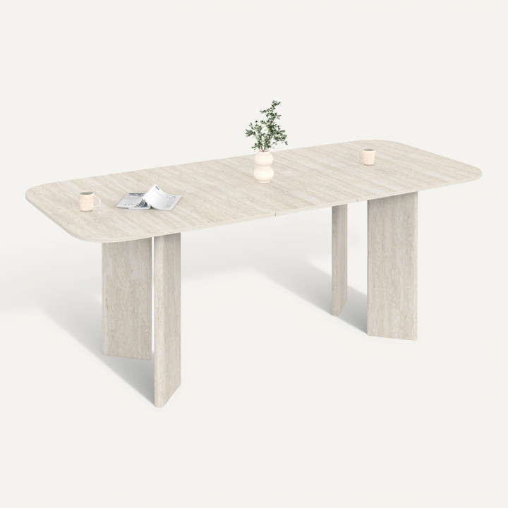 Table à manger extensible rectangulaire arrondie CAPUCINE 6-10 personnes 4 pieds design arrondi façon travertin 160-200 cm