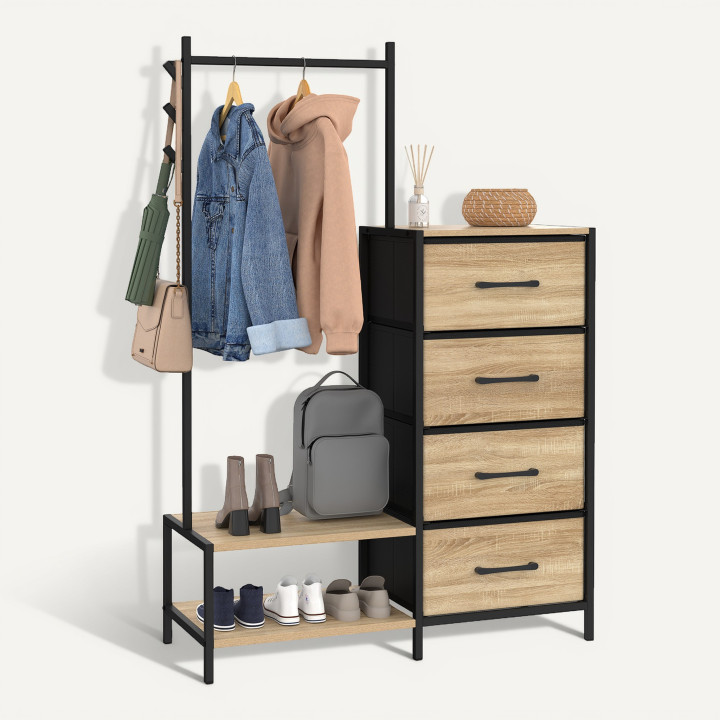 Commode 4 tiroirs en tissu UTAH 84 cm et penderie avec étagères et patères, design industriel