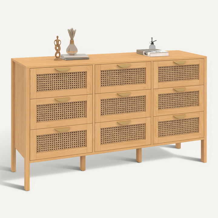 Cómoda de 9 cajones EDHEN XXL de 136 cm, de madera y mimbre