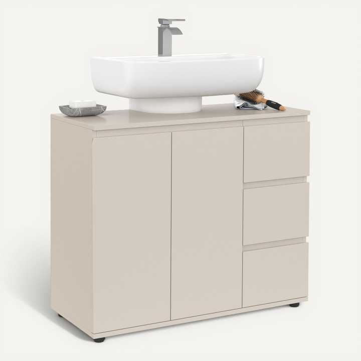Meuble sous lavabo salle de bain avec placard et 3 tiroirs beige - TOMI