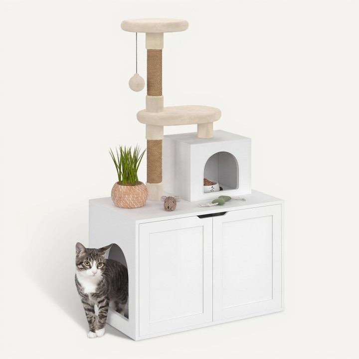 Casita para gatos con rascador, cubeta con dos puertas, caseta y plataforma de madera blanca