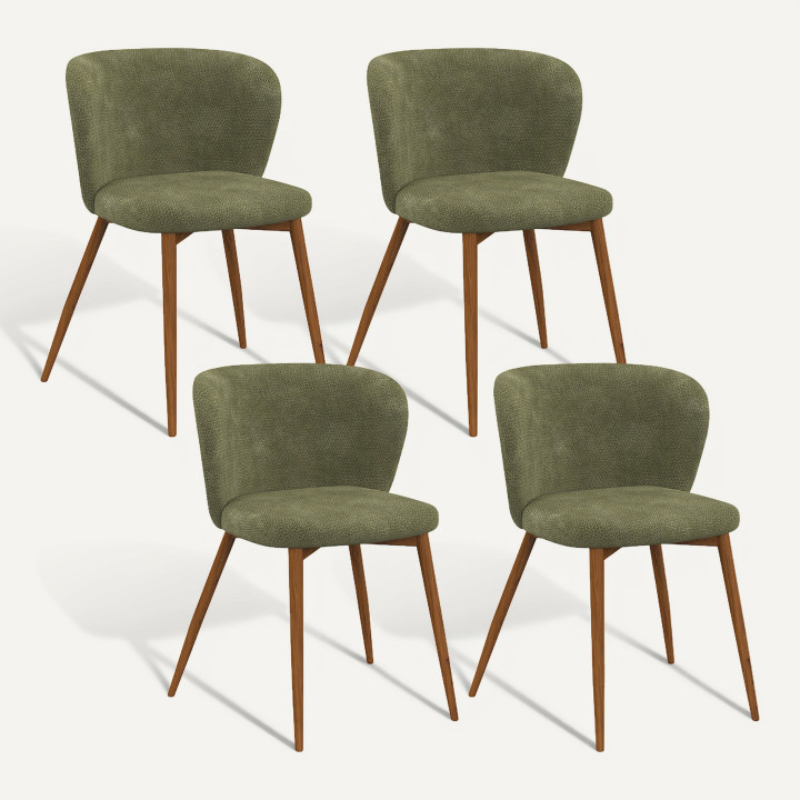Set di 4 sedie da pranzo PAULIE in tessuto ciniglia kaki con gambe in noce