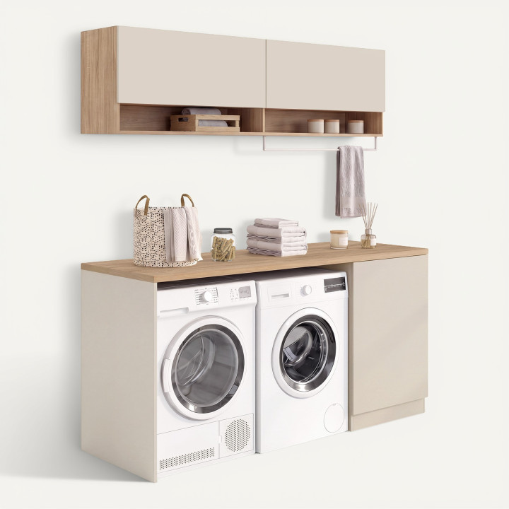TOMI-wasruimtekast voor wasmachine en droger met werkblad van 180 cm breed en beige en houten kasten