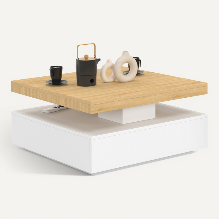 Mesa de centro cuadrada giratoria THEA 70 cm madera y blanco