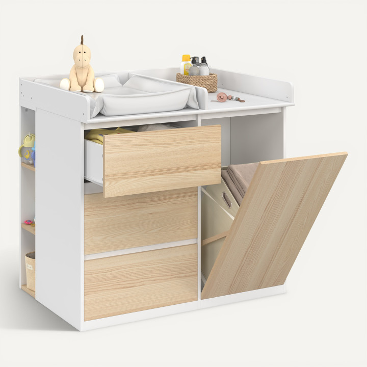 Commode à langer évolutive AMBRE façon hêtre et blanc 3 tiroirs table à langer 1 panier à linge et 2 étagères amovibles