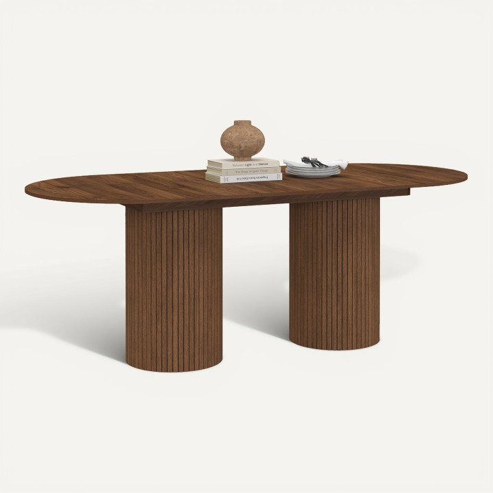 Table à manger extensible ovale JULIETTE  6-10 personnes pieds cylindriques lattes tasseau bois coloris noyer 160-200 cm