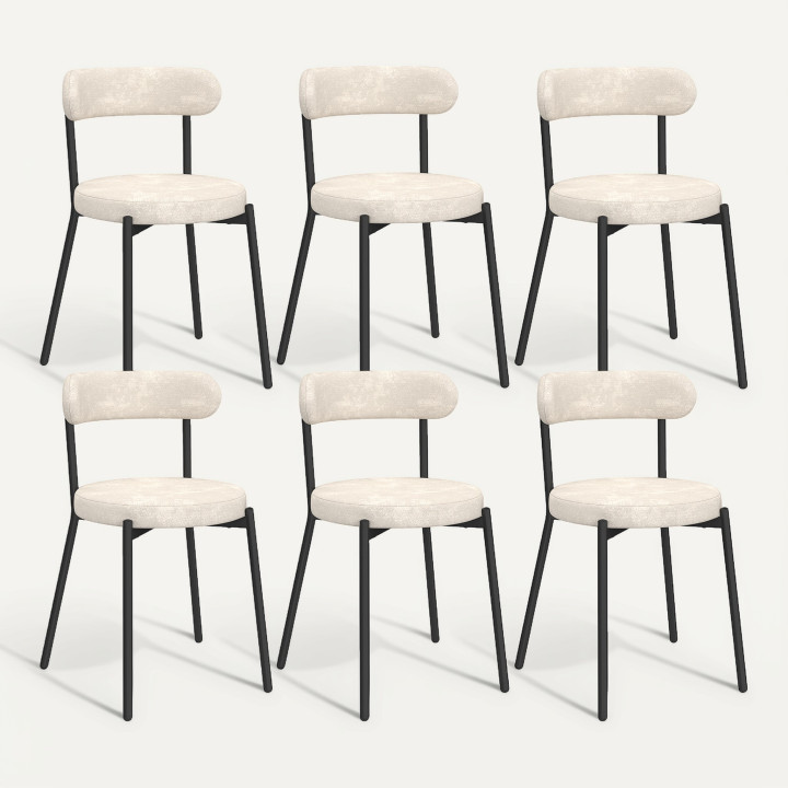 Lot de 6 chaises dossier incurvé en tissu chenille écru pieds en métal noir - MIKI