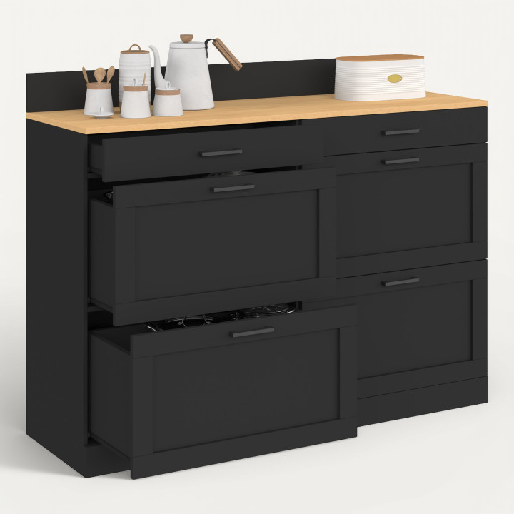 Lage keukenkast van 120 cm met dubbele pannenlade, model VITO, werkblad H.83 cm, 6 zwarte lades en blad in beukenhoutlook