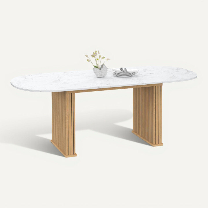 Table à manger extensible ovale JULIETTE 6-10 personnes pieds effet lattes et plateau effet marbre ALASKA 160-200 cm