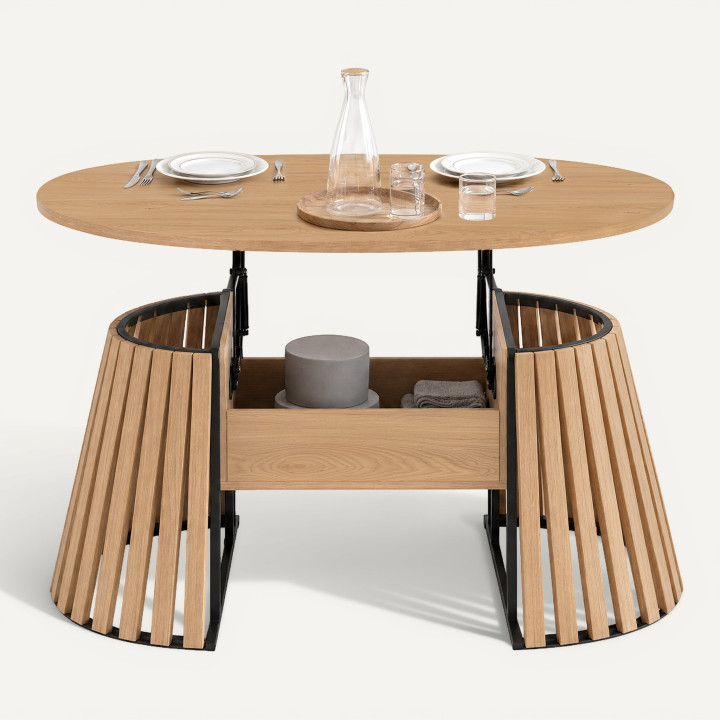 Ovale salontafel CARMEN met opklapbaar blad van 110 cm, houten poten van latten en houten blad