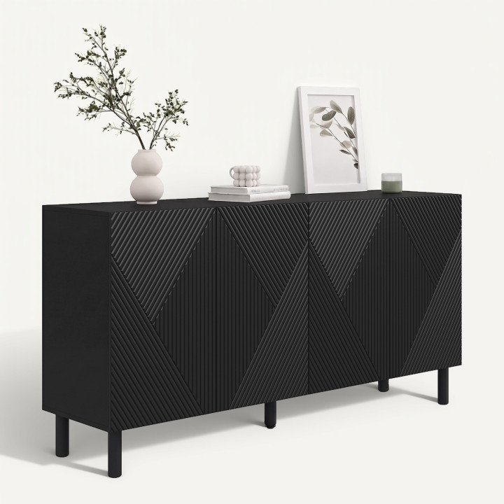 Sideboard 160 cm HIMARA 4 Türen Geometrische Latten Holz schwarz