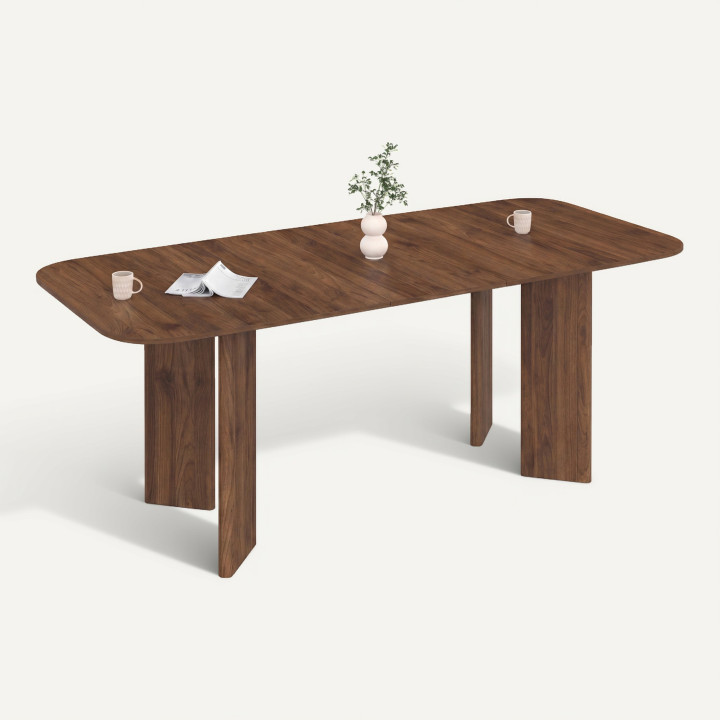 Table à manger extensible rectangulaire arrondie CAPUCINE 6-10 personnes 4 pieds design arrondi noyer 160-200 cm