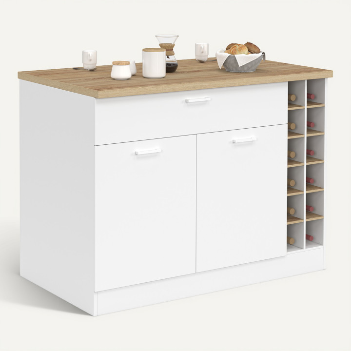 Ilot central GEORGE 120 cm avec range-bouteilles placard et tiroir bois blanc avec plan de travail façon hêtre