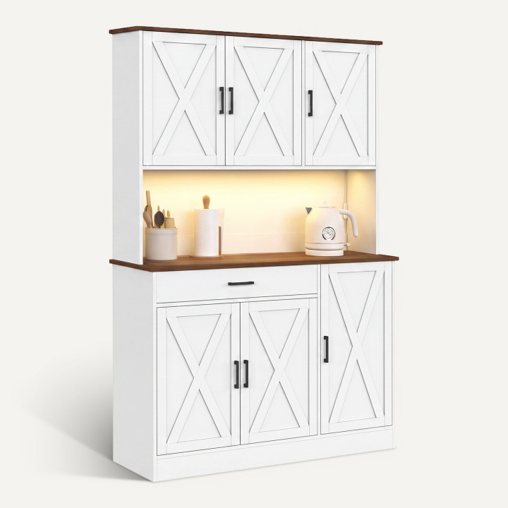 Aparador de cocina de 120 cm LOUISE, con 6 puertas y 1 cajón, con iluminación LED y regleta, en blanco y madera con acabado de n