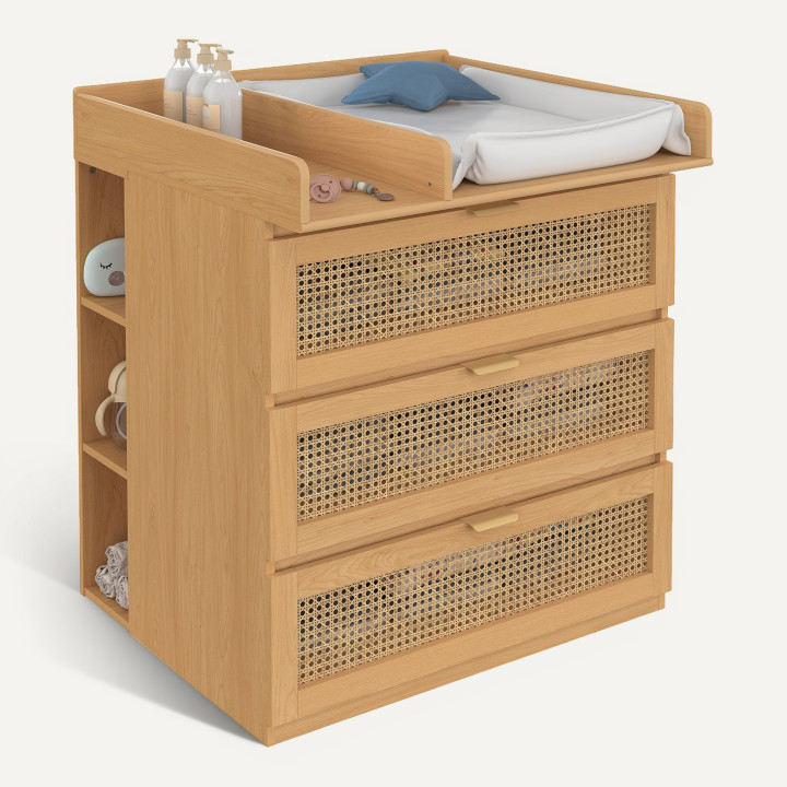 Meegroeiende verschooncommode EDHEN van hout en riet, met 3 lades, een verschoontafel en 2 uitneembare planken