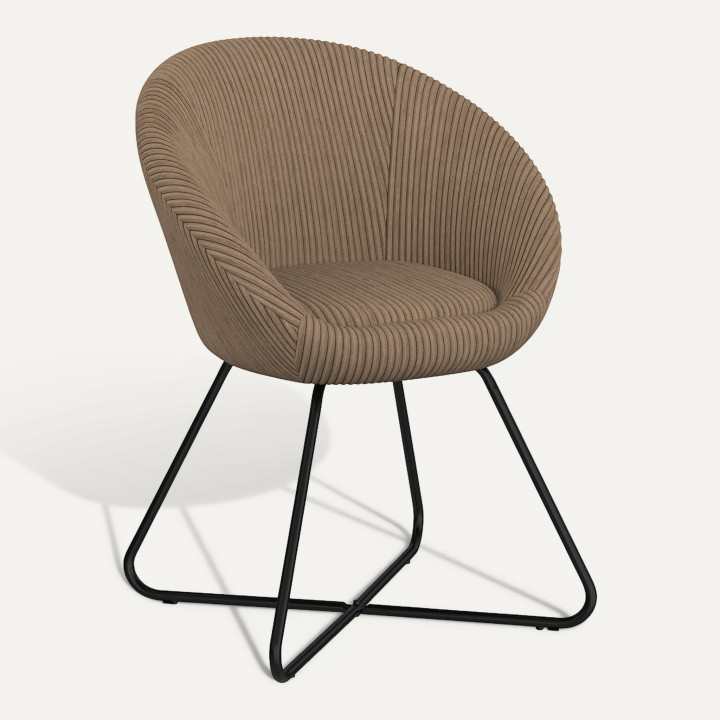 ANGELINA-fauteuil in eivorm, van taupe geribd fluweel met zwarte gekruiste poten