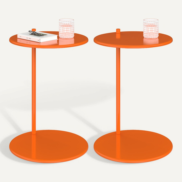 Lote de 2 mesitas auxiliares redondas, mesitas de salón o mesitas de noche LEONTINE de 40 cm, de metal naranja