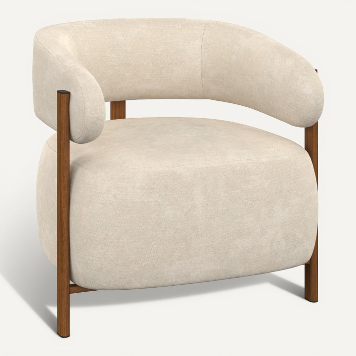 Fauteuil tissu chenille beige et pieds effet noyer - ALBERT