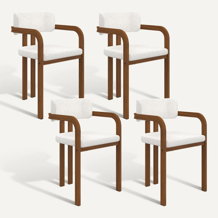 Lot de 4 chaises de salle à manger, fauteuils de table ESMA en métal effet noyer et tissu bouclette avec accoudoirs