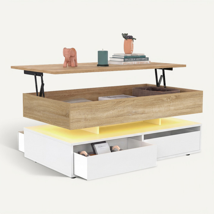 Table basse plateau relevable rectangulaire ELSA 90 cm 4 tiroirs avec LED en bois blanc et plateau façon hêtre